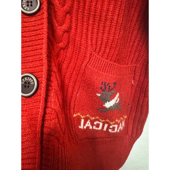 Christmas Red Button Cardigan Sweater Magical Reindeer NEW - Picture 5 of 5
